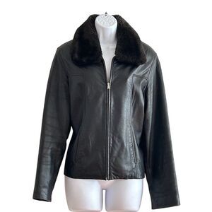 Anne Klein Women's Black Leather Jacket Faux Fur Collar Size M